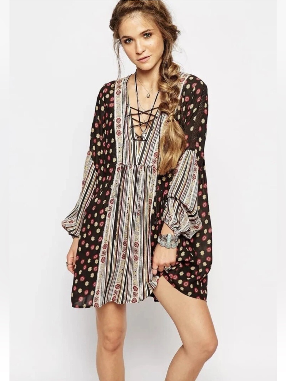 Free People Rain or Shine Pebble Bohemian Lace-Up Tunic Mini Dress 🪶